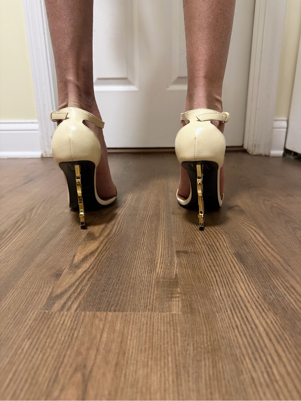 Saint Laurent Pale Yellow Leather Open-Toe Heels - Picture 3 of 8
